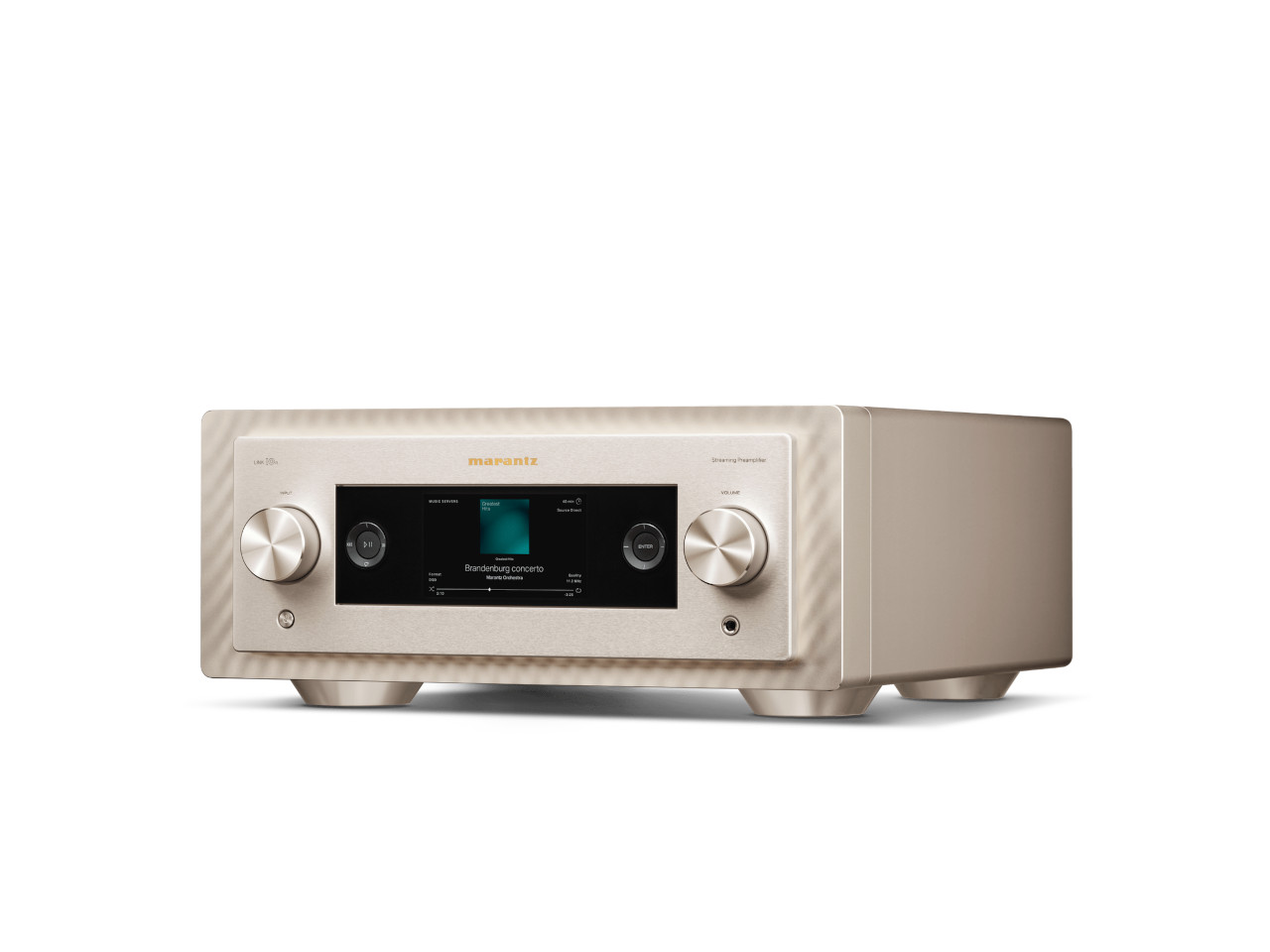 stereo receiver, amplifier, gold, metallic, display screen