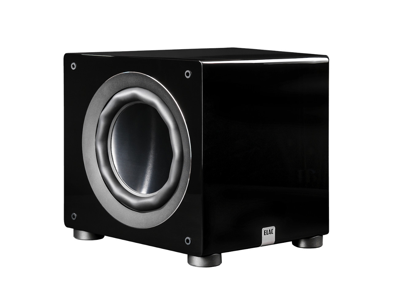 subwoofer, lautsprecher, schwarz, silberner rand, elac