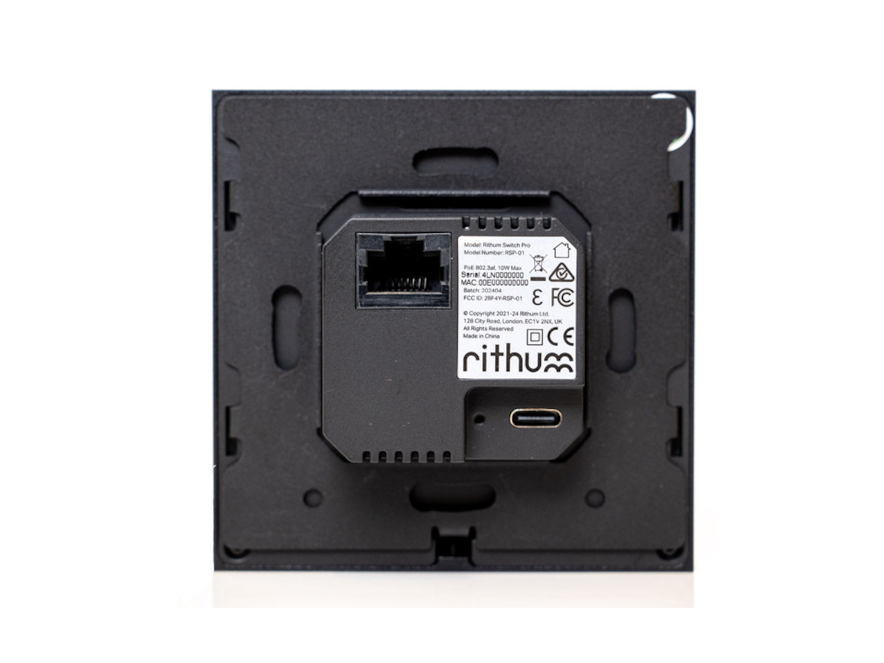 smart switch, Wandschalter, RJ45-Anschluss, USB-C-Anschluss, schwarzes Plastik