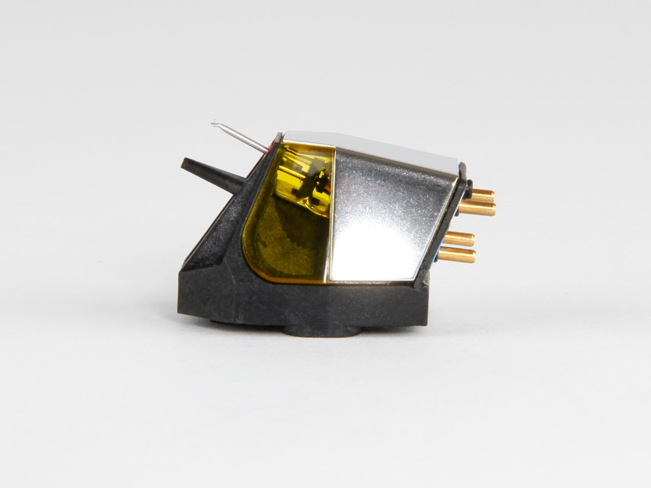 vinyl record player cartridge, phono cartridge, gold pins, silver metal, black plastic