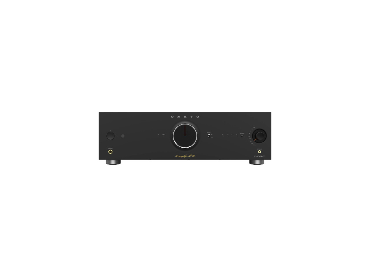 stereo-Verstärker, schwarz, zentrischer Knopf, Frontpanel, Audioeingang