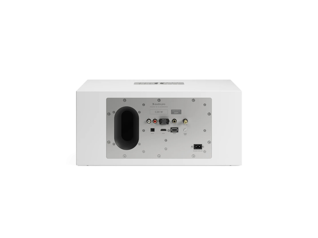 subwoofer, Rückseite, Anschlüsse, weißes Gehäuse, Audiosystem
