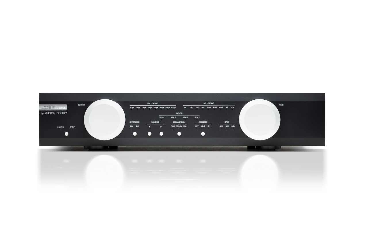 stereo-Verstärker, zwei große Knöpfe, schwarze Frontplatte, Mid-Century-Design, Audio-Gerät