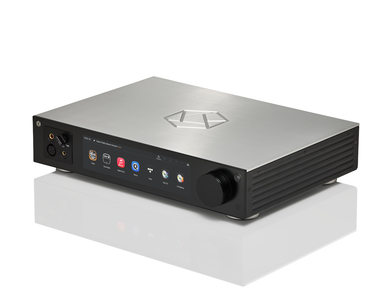 stereo DAC, Hi-Fi Verstärker, silbernes Frontgitter, Touchscreen-Display, rackmountfähig