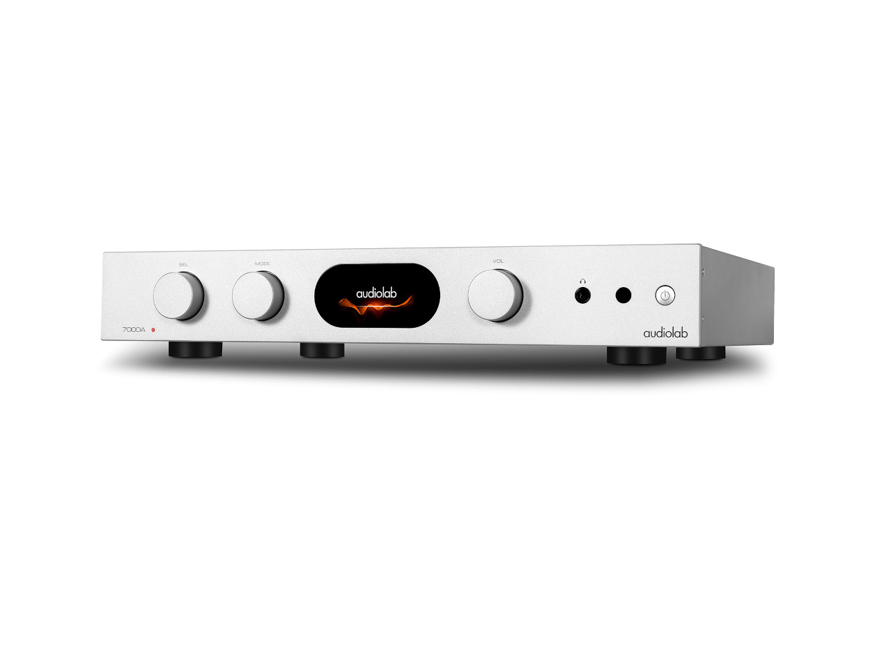 Stereo-Verstärker, Audio-Verstärker, Silbernes Gehäuse, Bedienknöpfe, Display-Bildschirm