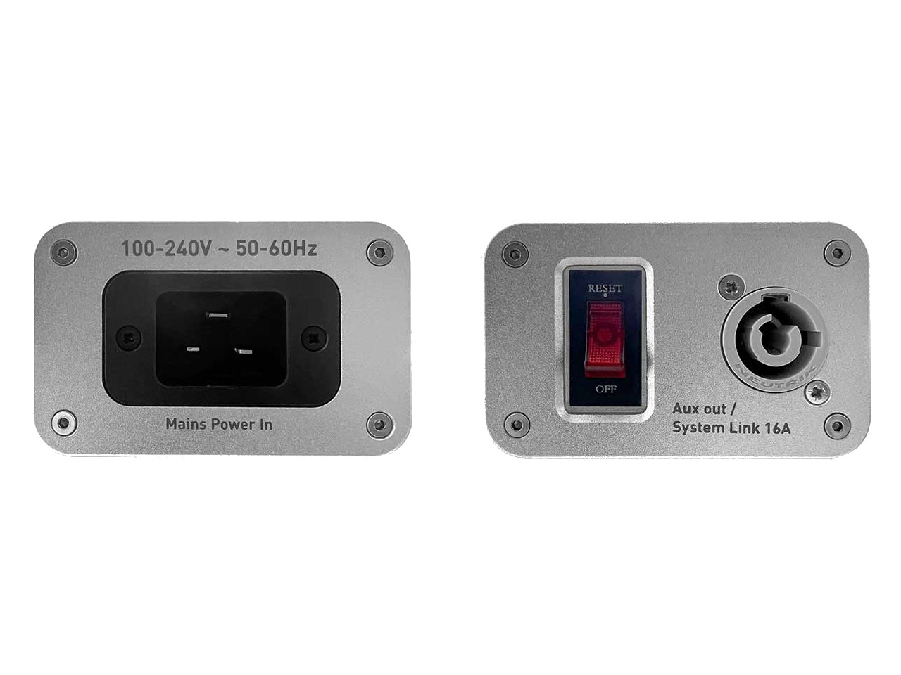 Mains Power In, Power Inlet, AC Socket, Power Switch, Aux out