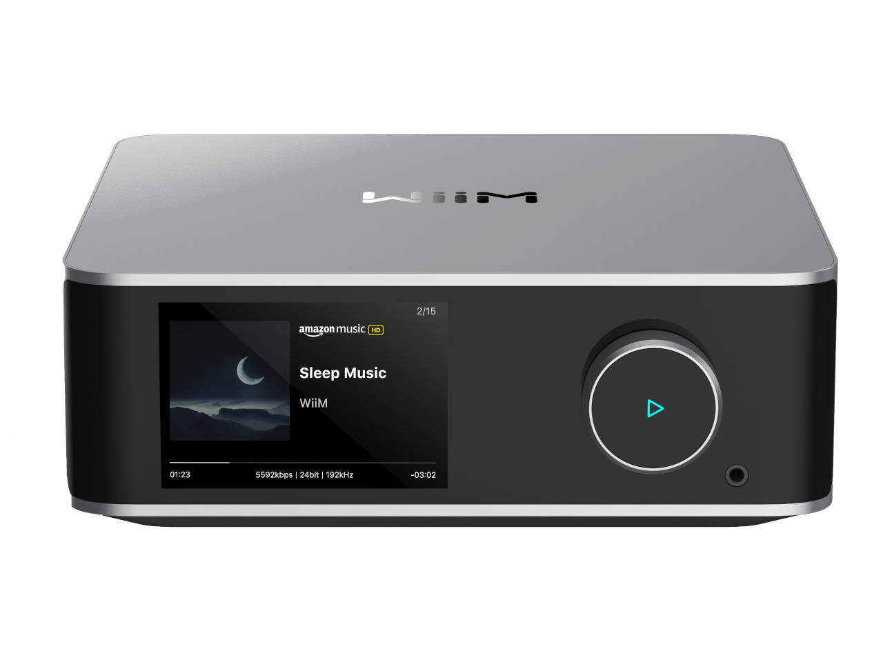 Audio-Receiver, Streaming-Box, Display-Bildschirm, Drehknopf, Silber-Schwarz