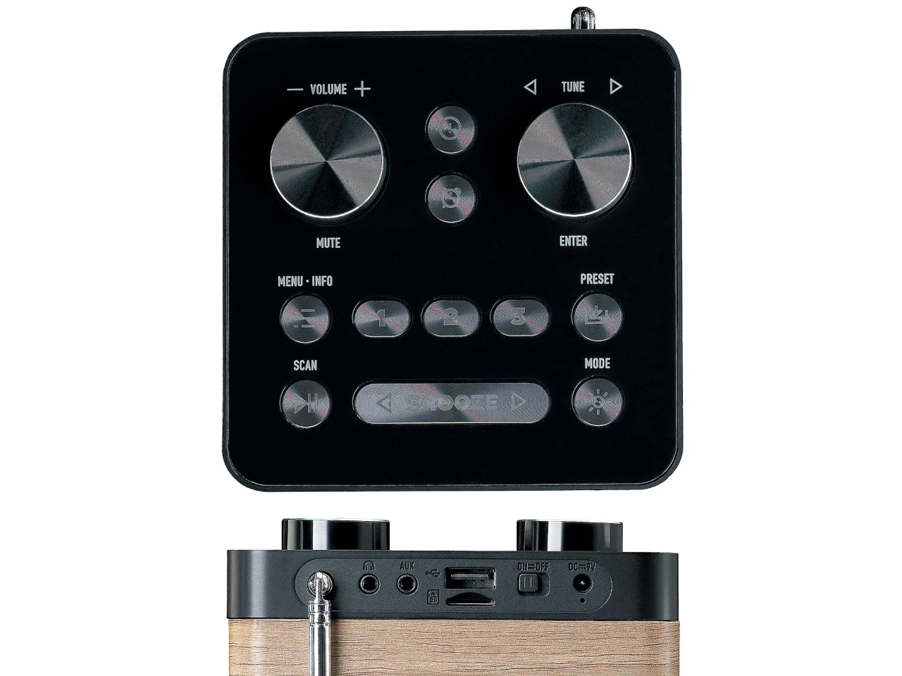 Kompakt-Designerbox, Konkav-Frontplatte, Holzgehäuse, Radio-Controller, Kunststoff/Metall
