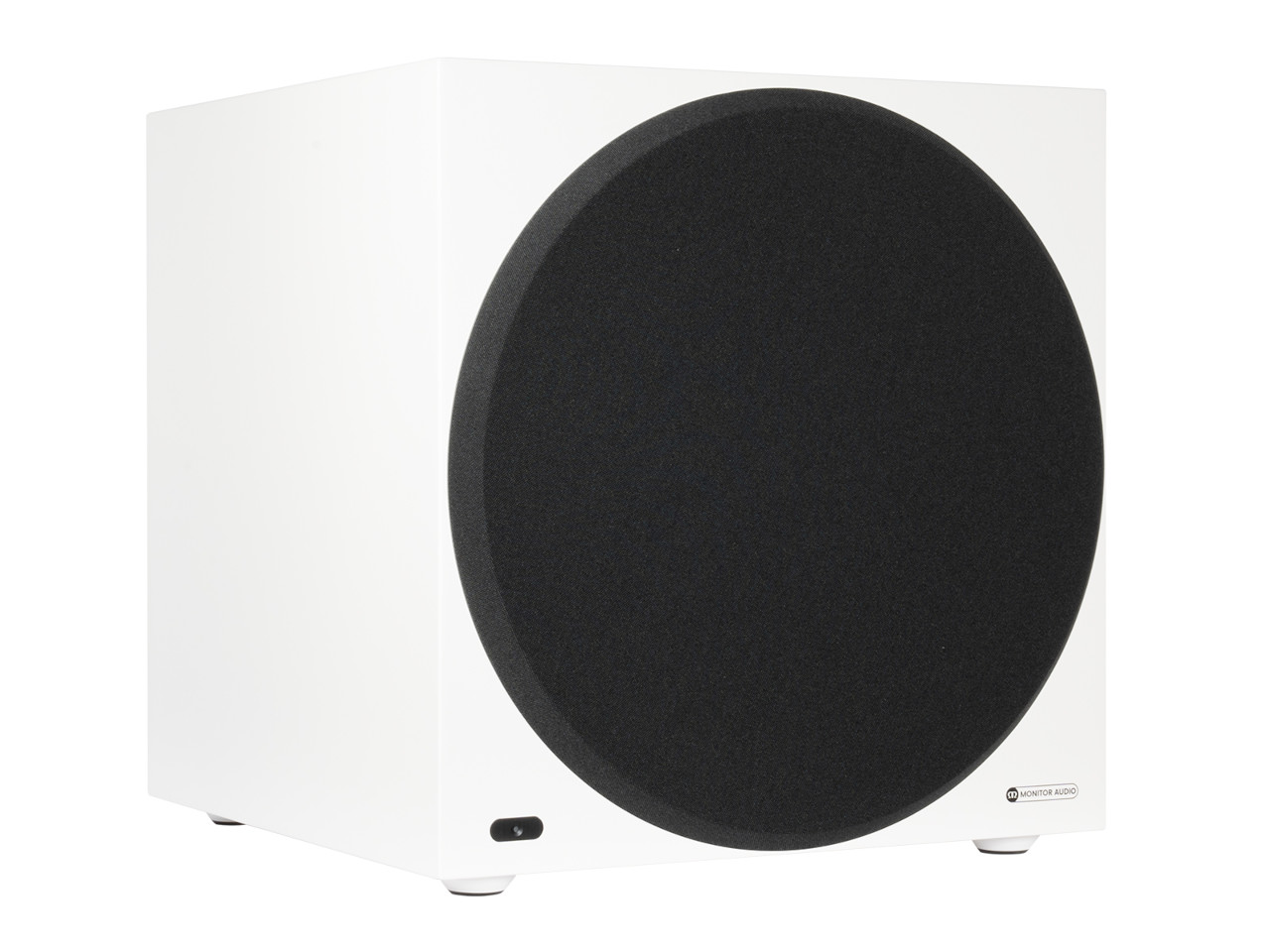 subwoofer, weißes gehäuse, schwarze frontabdeckung, lautsprecher, monitor audio