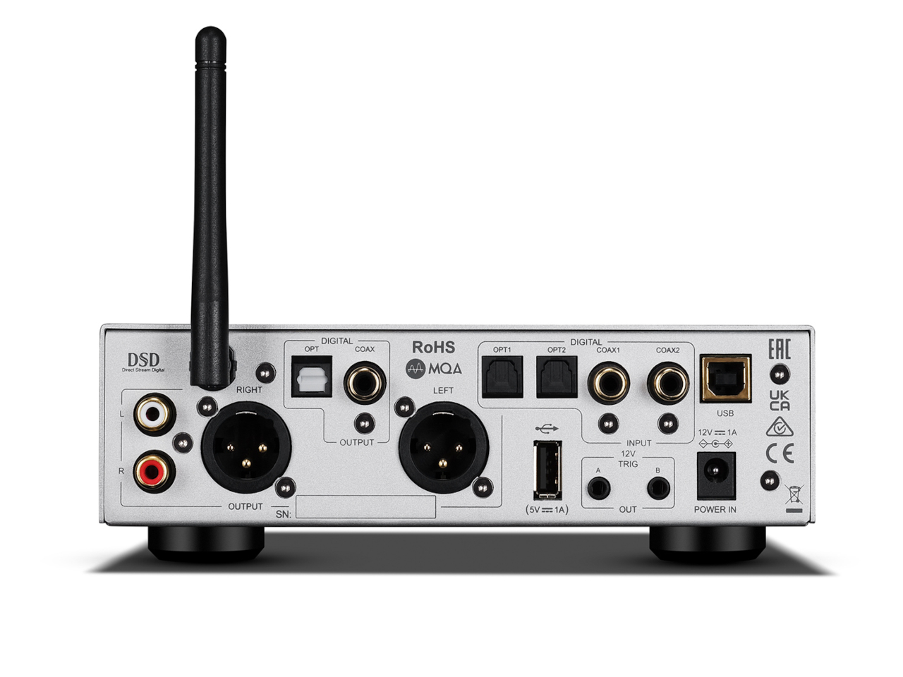 Schnittstellen-Backpanel, Audio-Interface, RCA-Ausgänge, XLR-Combo-In, WLAN-Antenne