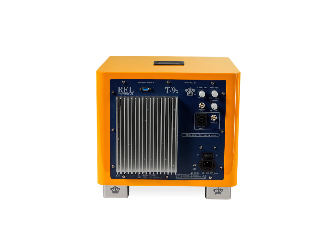orange cabinet, audio amplifier, rear panel, gold accents, metal heatsink