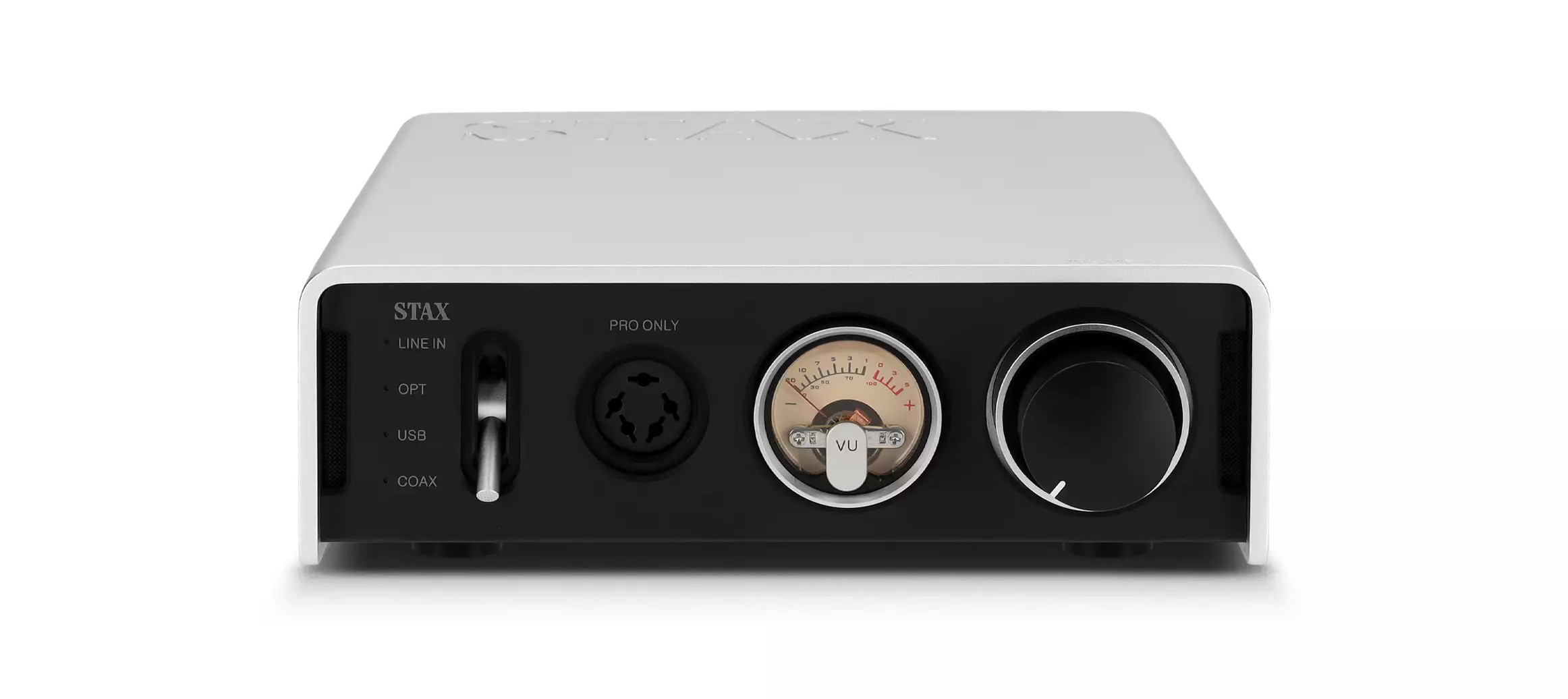 Stereo-Verstärker, VU-Meter, silbernes Frontpanel, schwarzes Frontpanel, Drehknopf-Steuerung