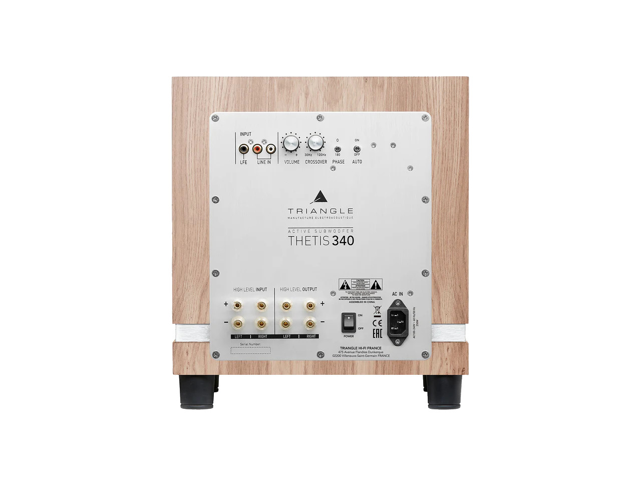 subwoofer, holzgehäuse, silbernes panel, rückseitige anschlüsse, lautstärke regler