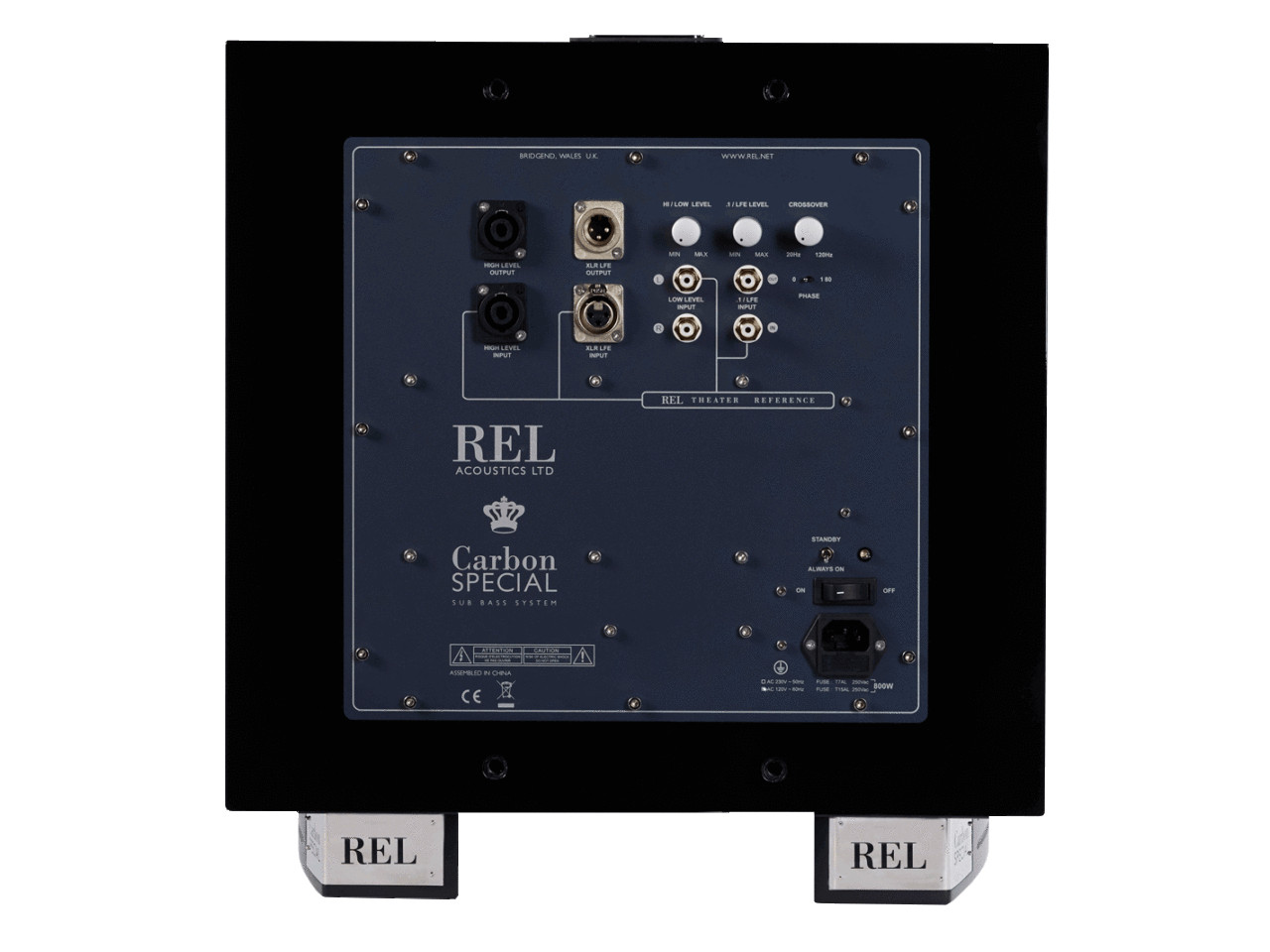 Subwoofer, Rückseite, Anschlüsse, Bedienelemente, Markenlogo sichtbar