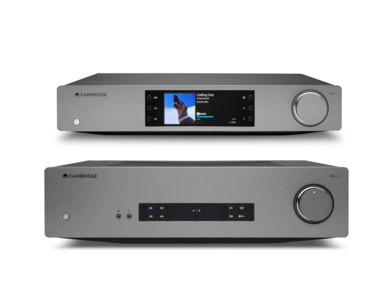 Hifi-Verstärker, Cambridge Audio, Rückseite Display, Grau Metall, Kommaktor/Knopfrad