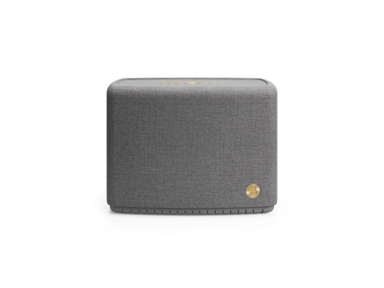 portabler Lautsprecher, Bluetooth, grau Stoff, goldener Akzent, Mesh-Gehäuse