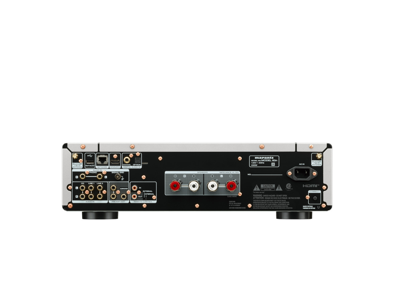 rear panel, Audio-Empfänger, HDMI, RCA-Anschlüsse, goldene Schrauben
