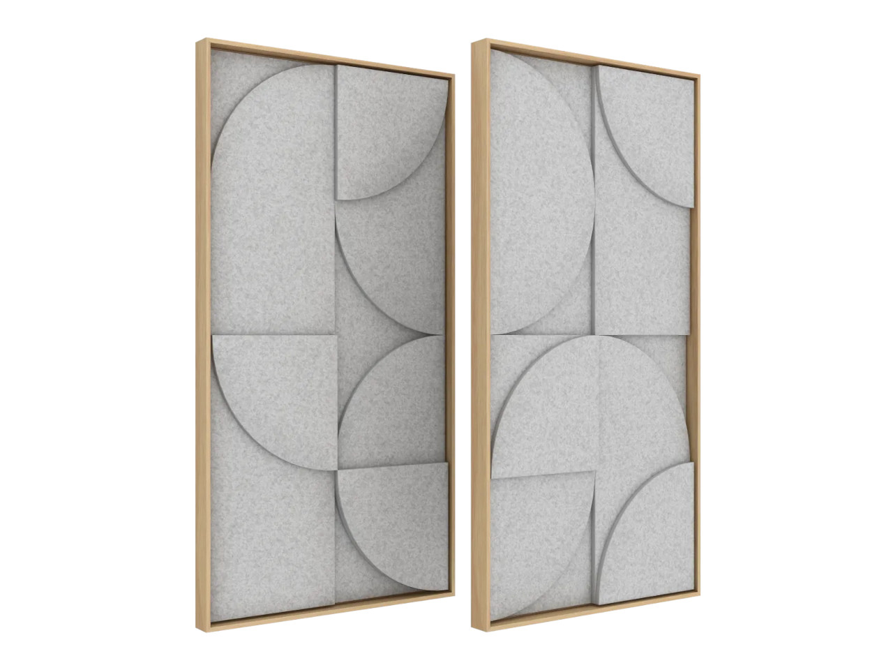 2-teilige Kunst, geometrische Paneele, Holzrahmen, grauer Filz, Kreisformen