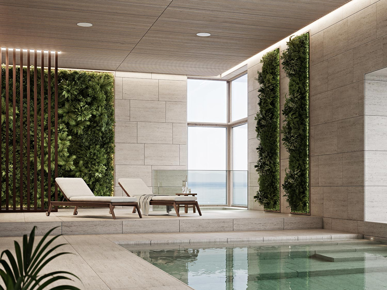 Pool, Innere Pool, Lounge-Stühle, Grüne Wand, Modernes Interieur