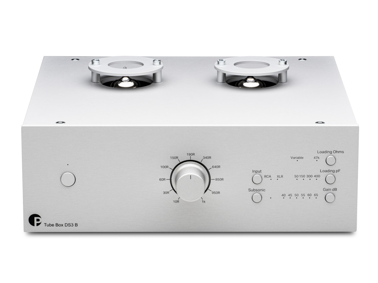 Tube Box, Phono-Vorverstärker, Silbernes Gehäuse, Frontplattenbedienelemente, Duale Röhrenbuchsen
