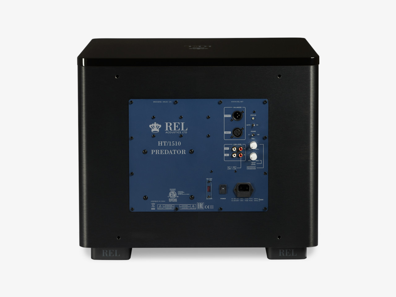 subwoofer, rear panel, blue plate, audio amplifier, power outlet