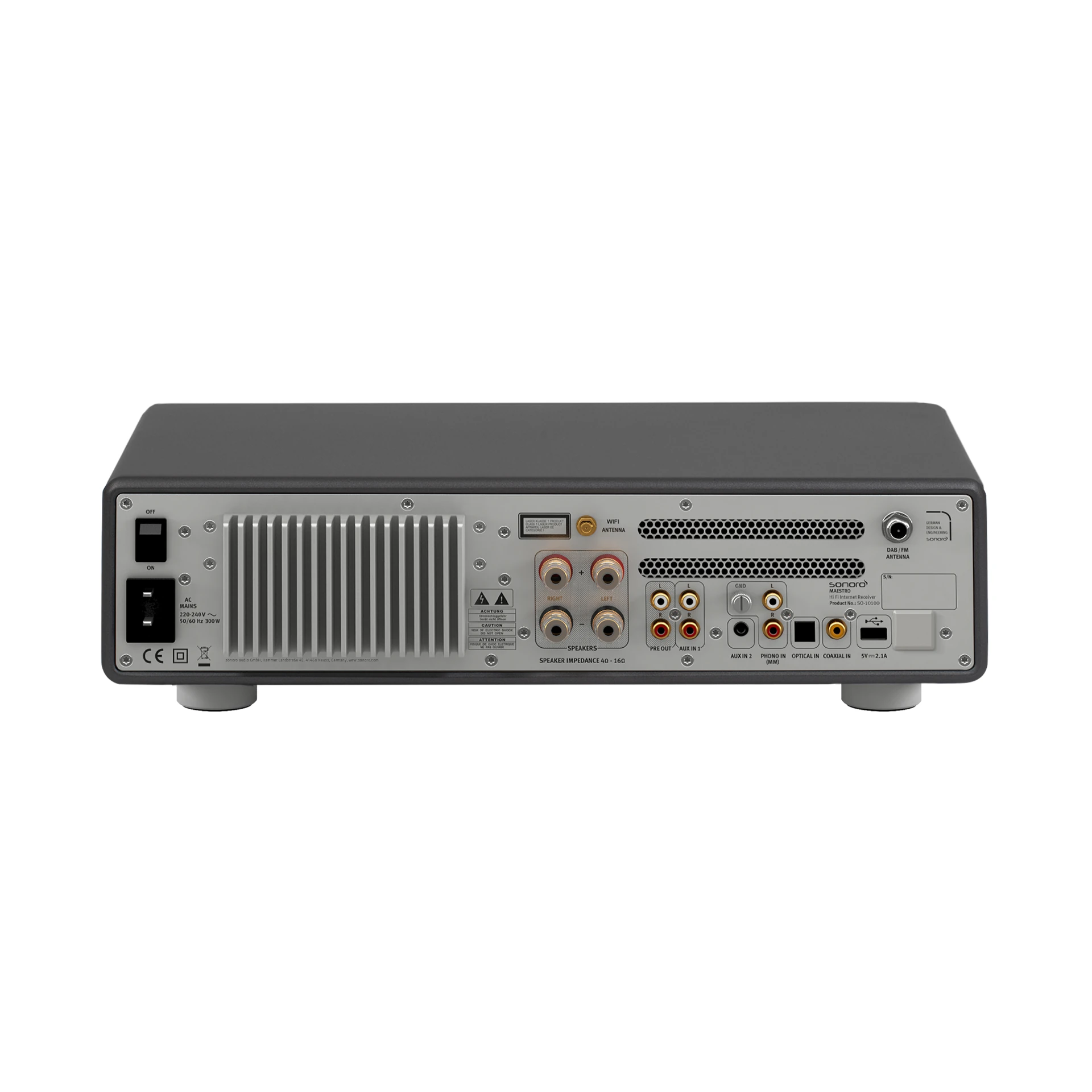 AV-receiver, Rückseite, Lautsprecheranschlüsse, Kühlrippen, Netzschalter