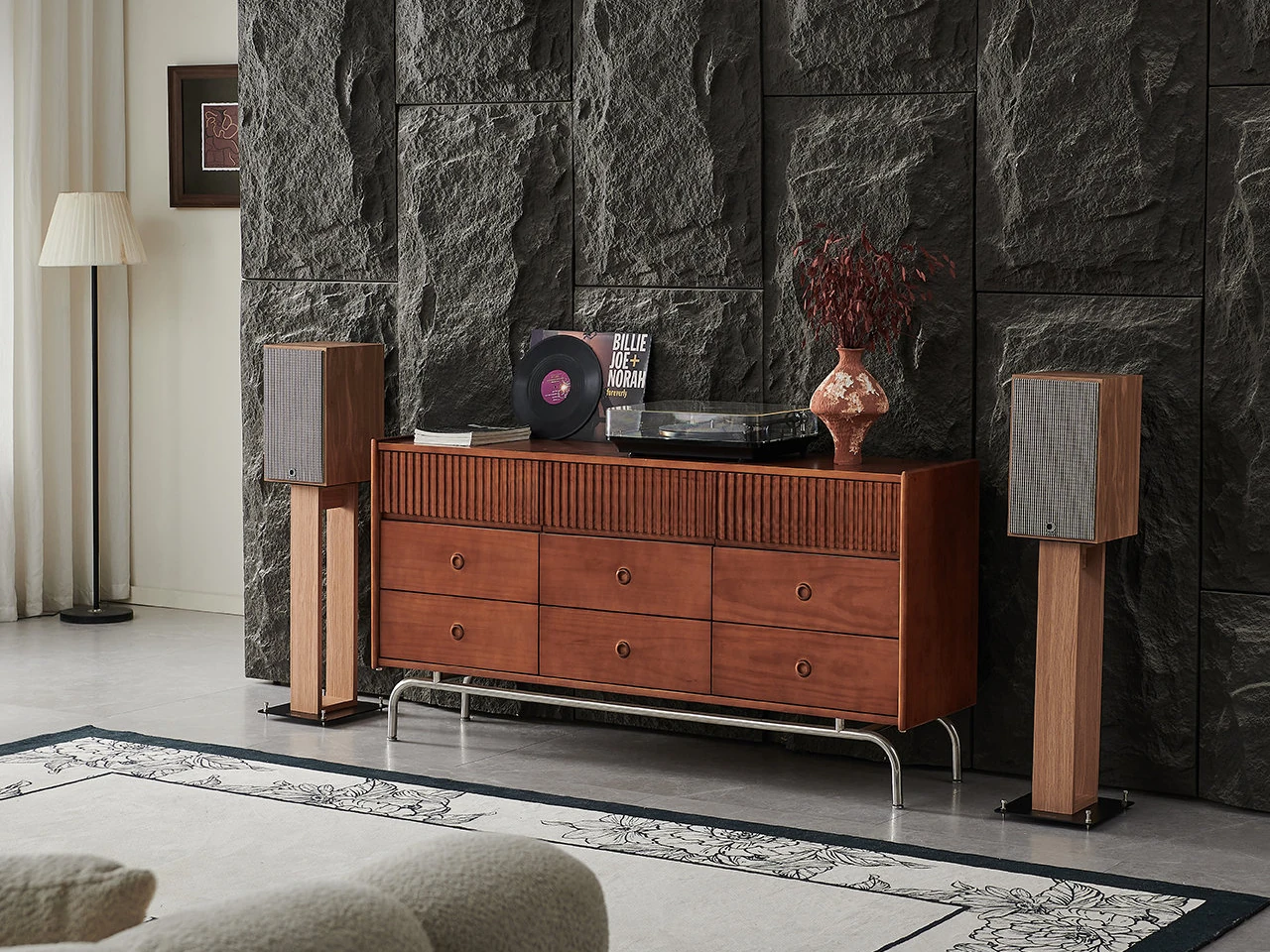 Sideboard, Holzoptik, Sechs Schubladen, Lamellenfront, Metallbeine