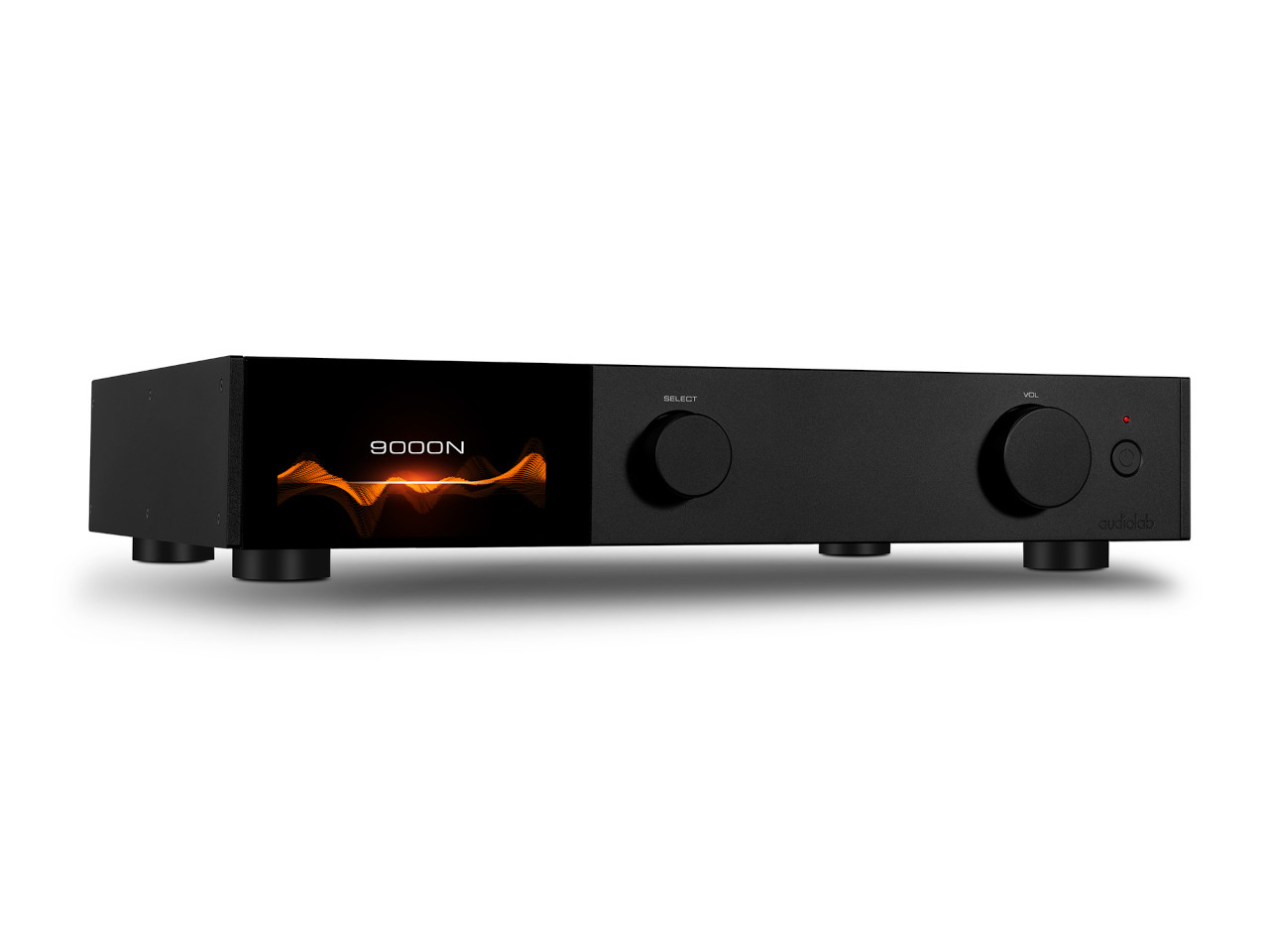 Stereo-Verstärker, Audio-Verstärker, schwarzes Metallgehäuse, Drehknopf, Anzeigebildschirm