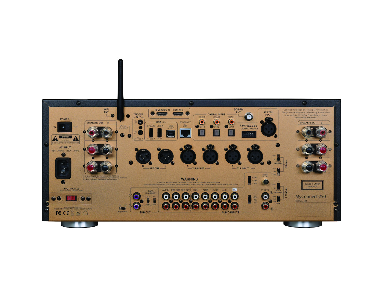 AV-Empfänger, Rückseite, Audio-Anschlüsse, Antennen, goldene Frontplatte