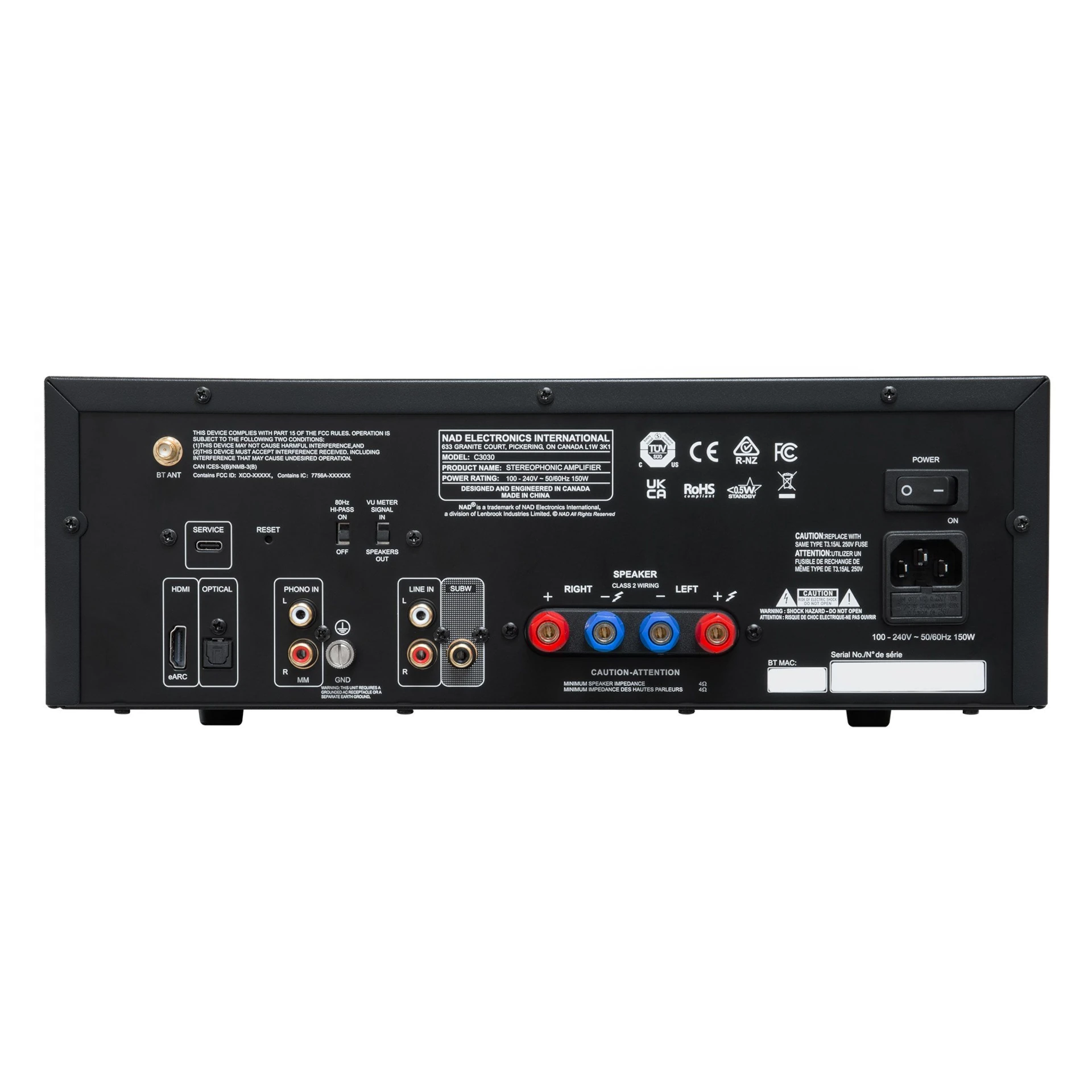 A/V Receiver, Rückseite, Lautsprecheranschlüsse, RCA-Anschlüsse, Netzschalter