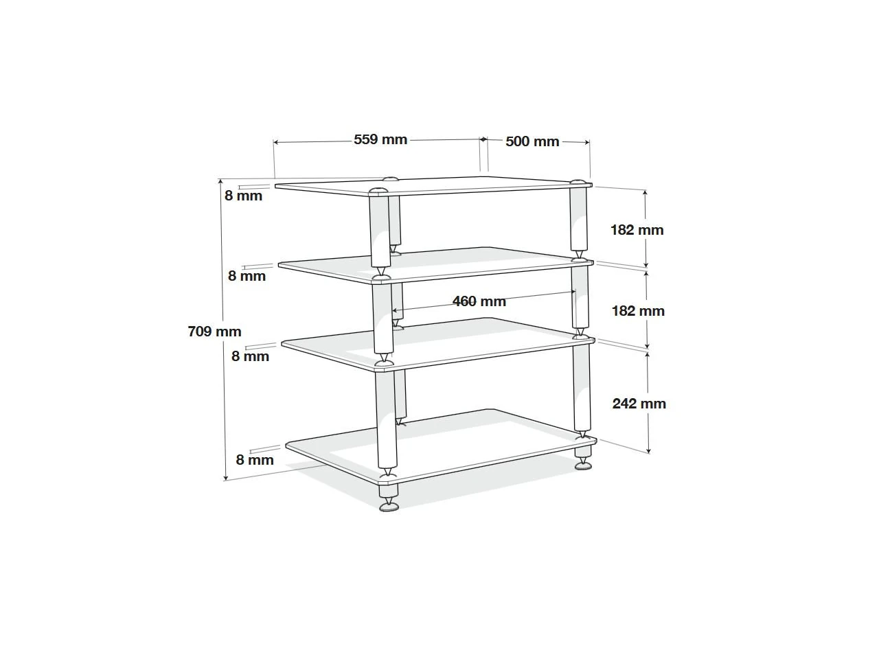 HiFi-Rack, Glasregale, Metallstützen, vier Ebenen, transparent