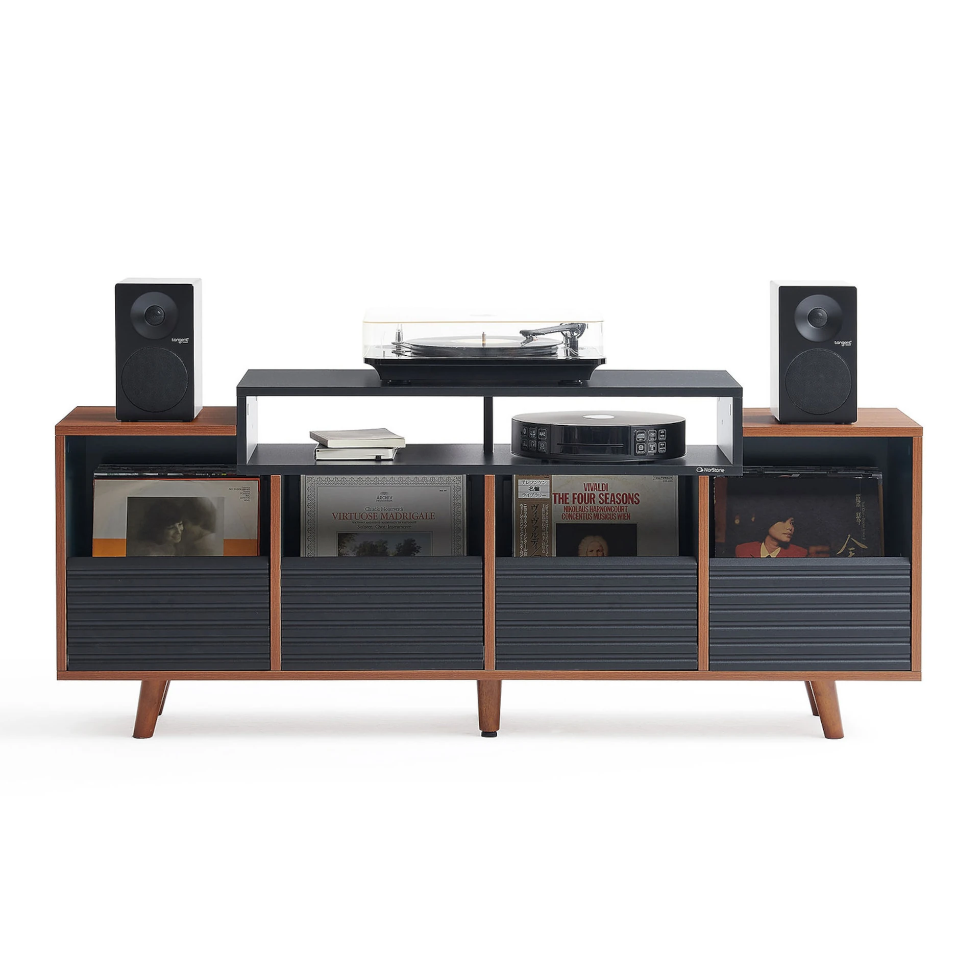 Sideboard, Vinyl-Aufbewahrung, Plattenspieler, Lautsprecher, Mid-Century