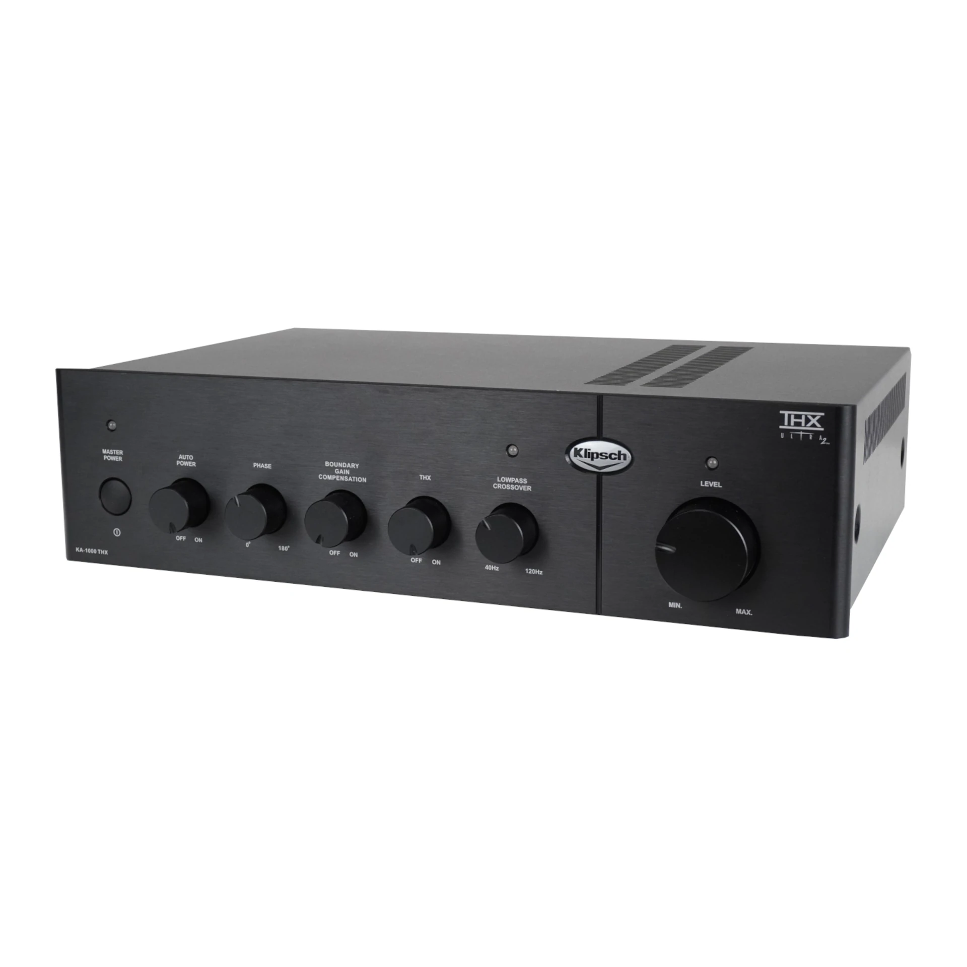 Subwoofer-Verstärker, THX-zertifiziert, Schwarzes Gehäuse, Drehregler, Metallgehäuse