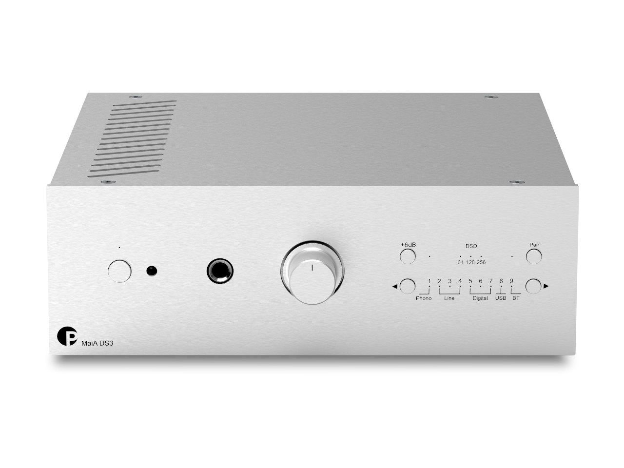 stereo amplifier, midrange amp, silber, bedienknopf, kopfhörer steckdose