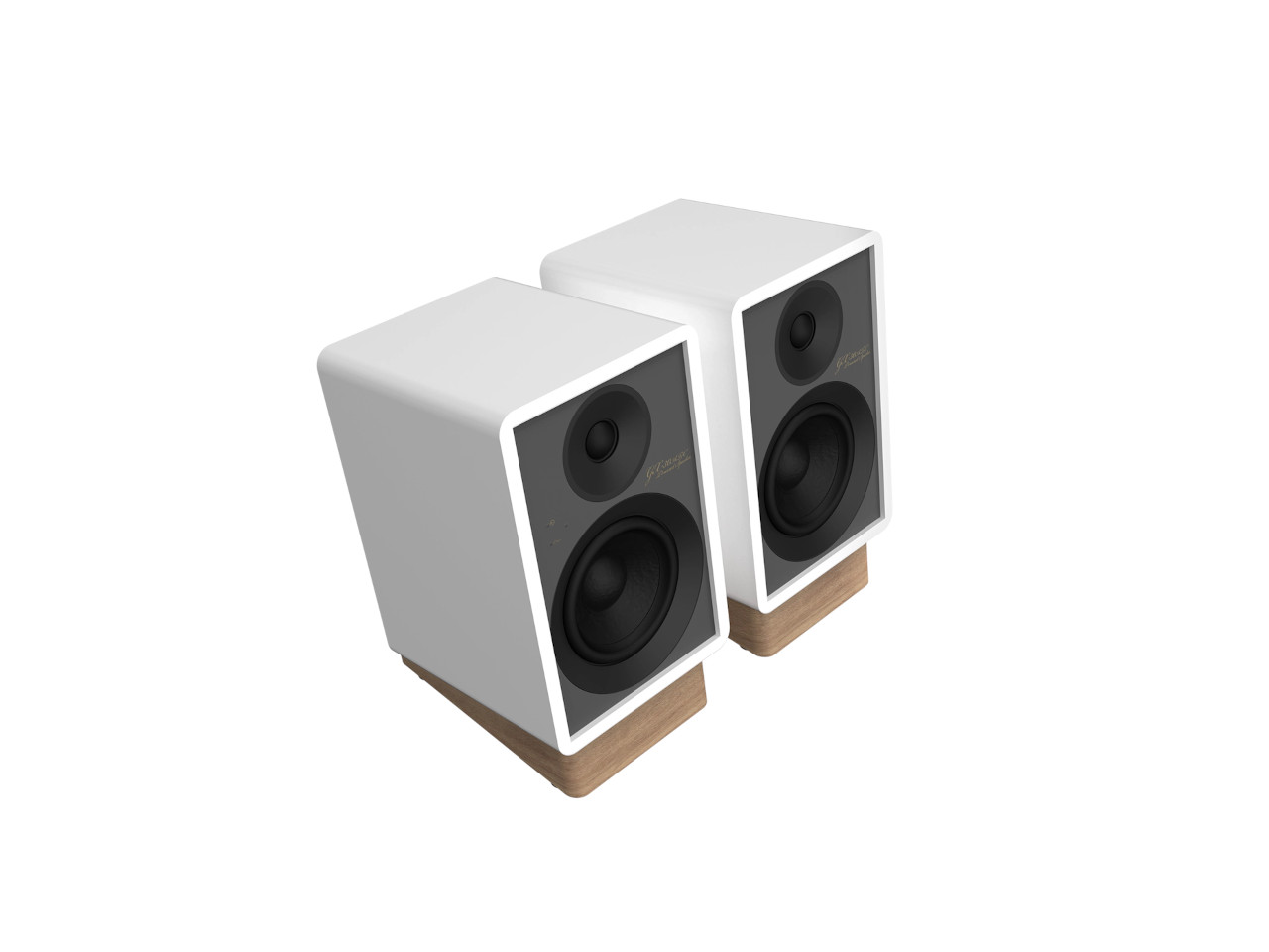 Lautsprecher, Regal-Lautsprecher, Zwei Lautsprecher, Holzbase, Schwarzgrau Front