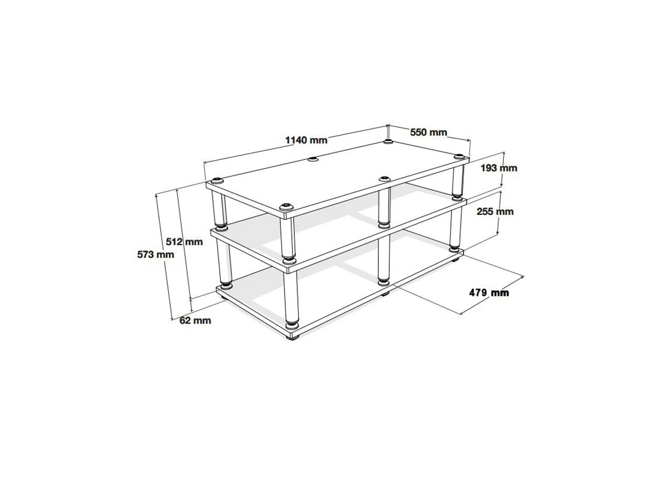 TV-Rack, drei Ebenen, Glasplatten, silberne Standfüße, 114 × 55 cm