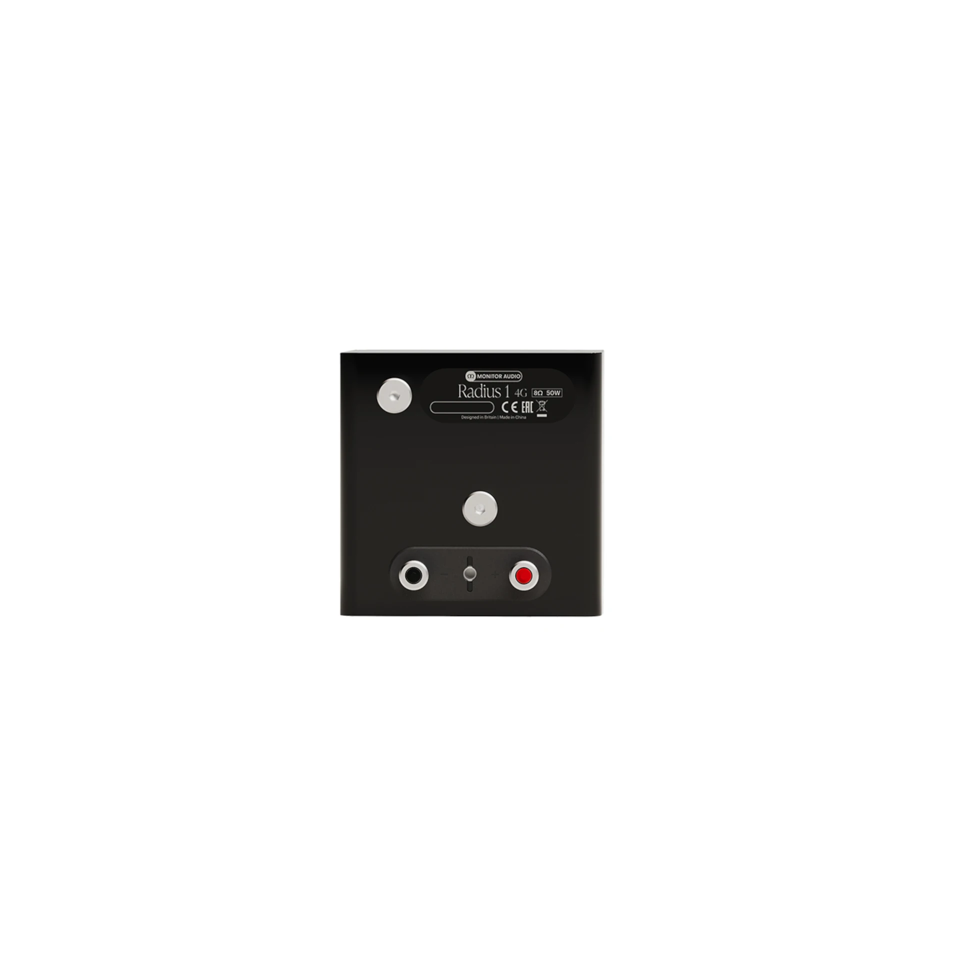 Stereo-Verstärker, Rückseite, Audio-Anschlüsse, RCA-Buchsen, schwarzes Metallgehäuse