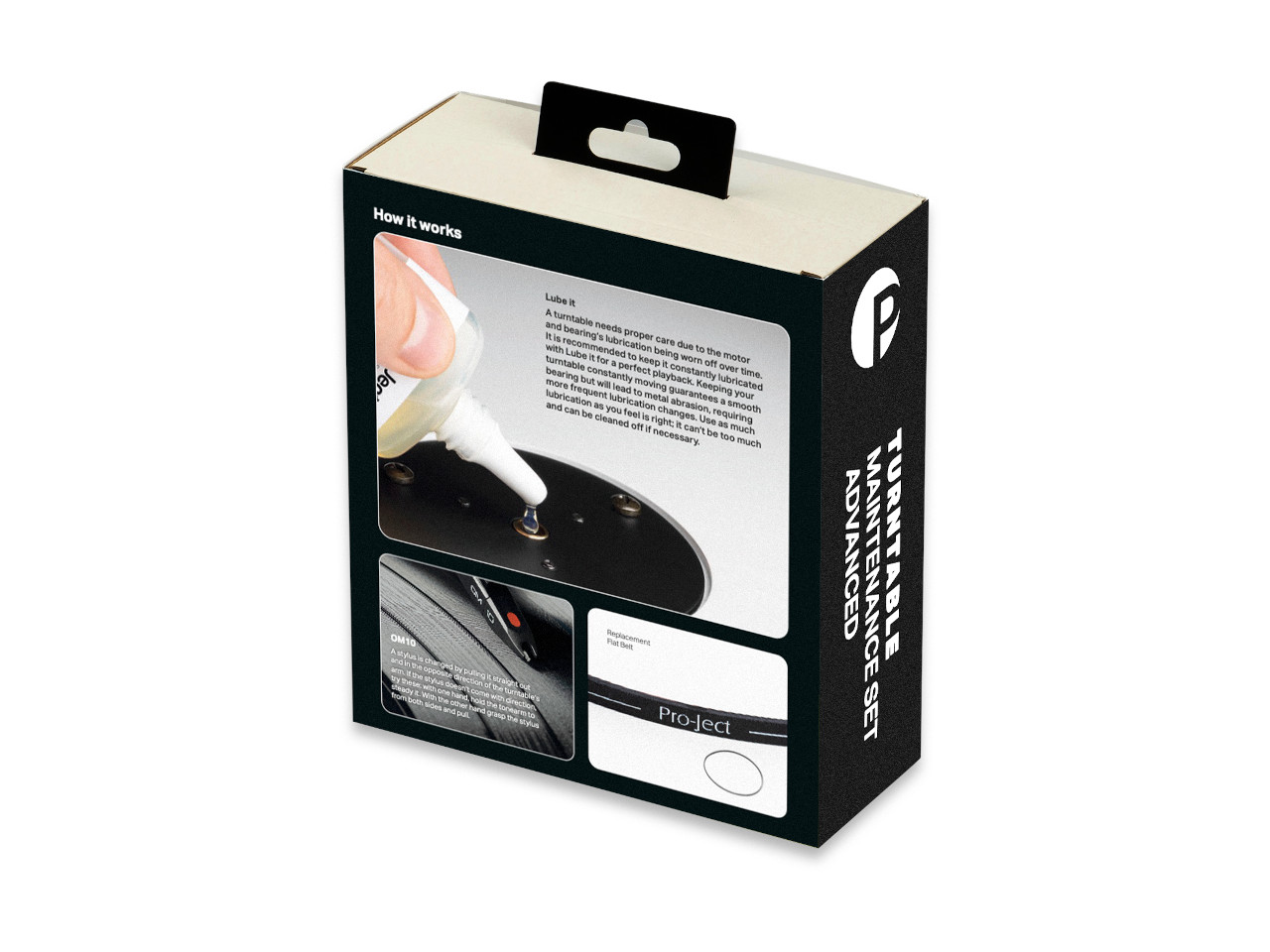 Plattenspieler-Pflegeset, Wartungsset, Schmiermittel, Ersatzriemen, Schwarze Verpackung