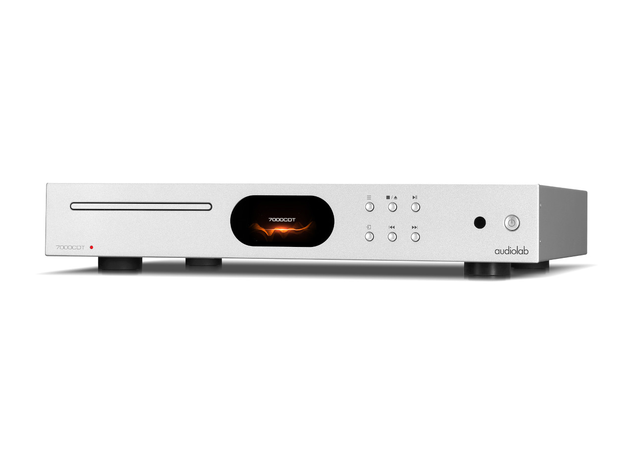 CD-Spieler, Silbergehäuse, Vorderdisplay, Bedienknöpfe, Netzschalter