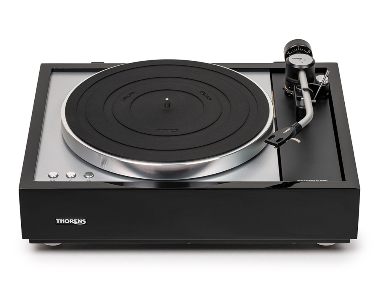 Plattenspieler, Schallplatte, Tonarm, Kontrollknöpfe, Schwarz