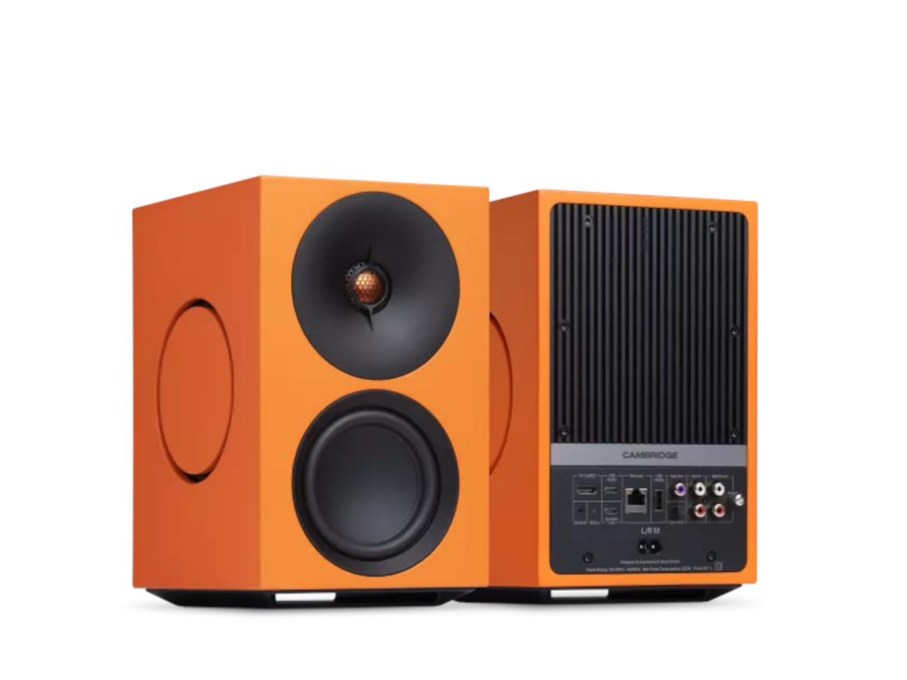 orange speakers, studio monitor, 2-way, wooden enclosure, rear connections