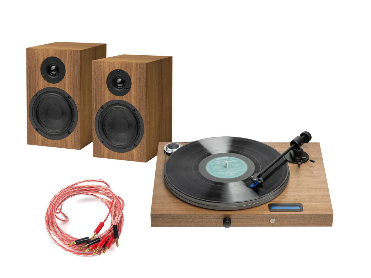 vinyl-platenspieler, standlautsprecher, Holzoptik, Schallplatte, Audiokabel