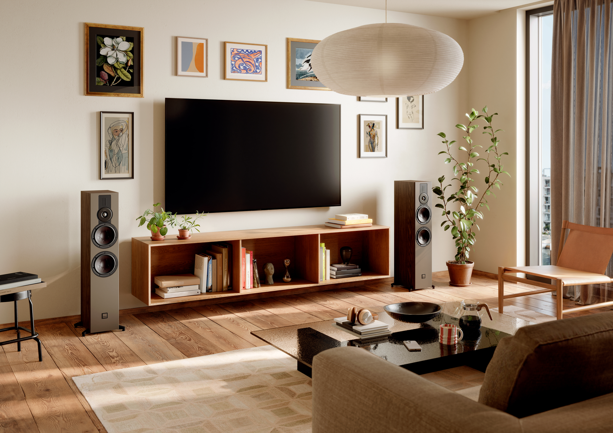 wohnzimmer, TV-setup, holzregal, standlautsprecher, pflanze