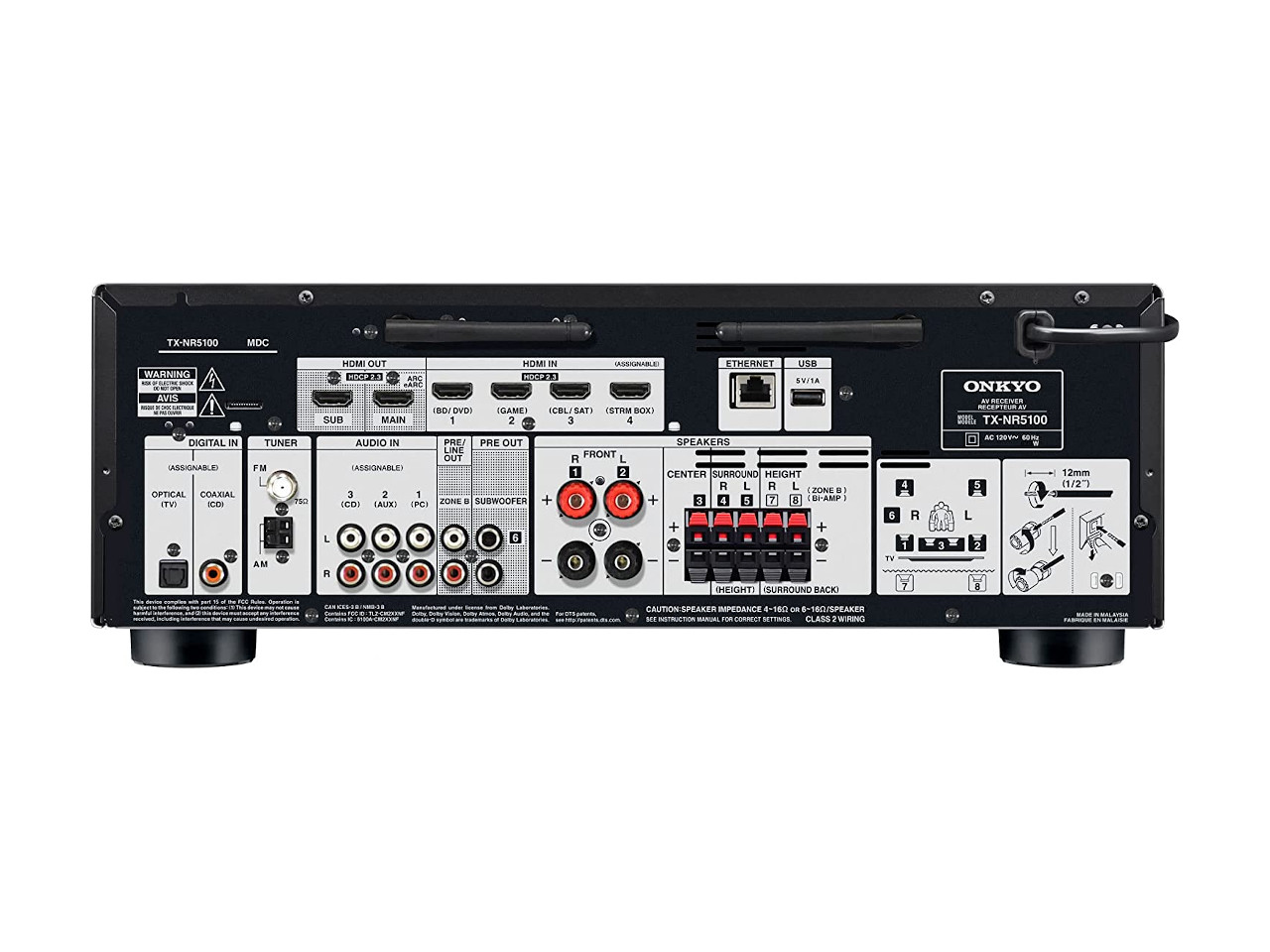 AV-Receiver, Rückseite, HDMI-Ausgänge, RCA-Anschlüsse, Lautsprecher-Steuerung