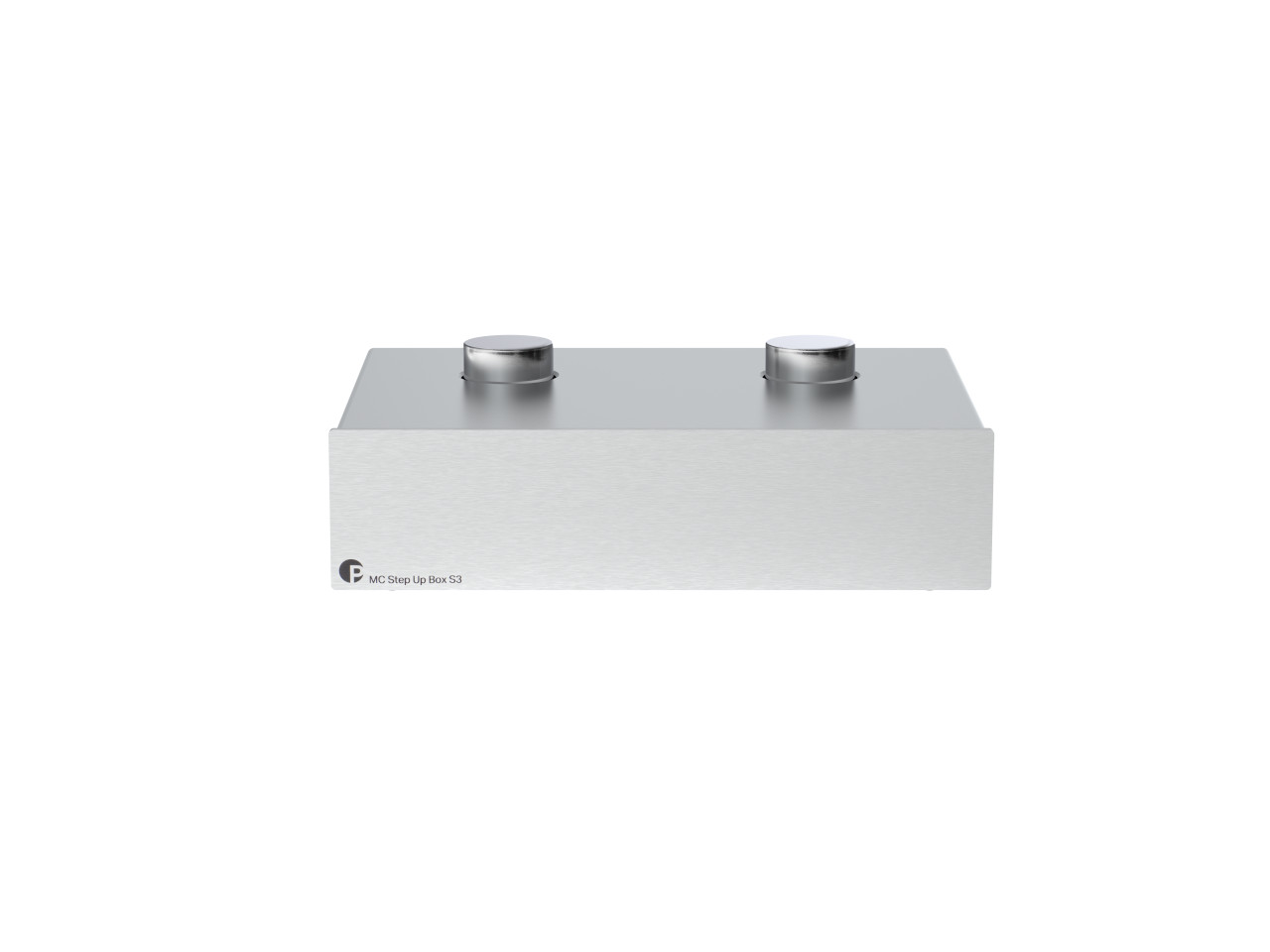 e‑box, stufe-auf-Box, stereo-verstärker, metallgehäuse, zwei-knöpfe