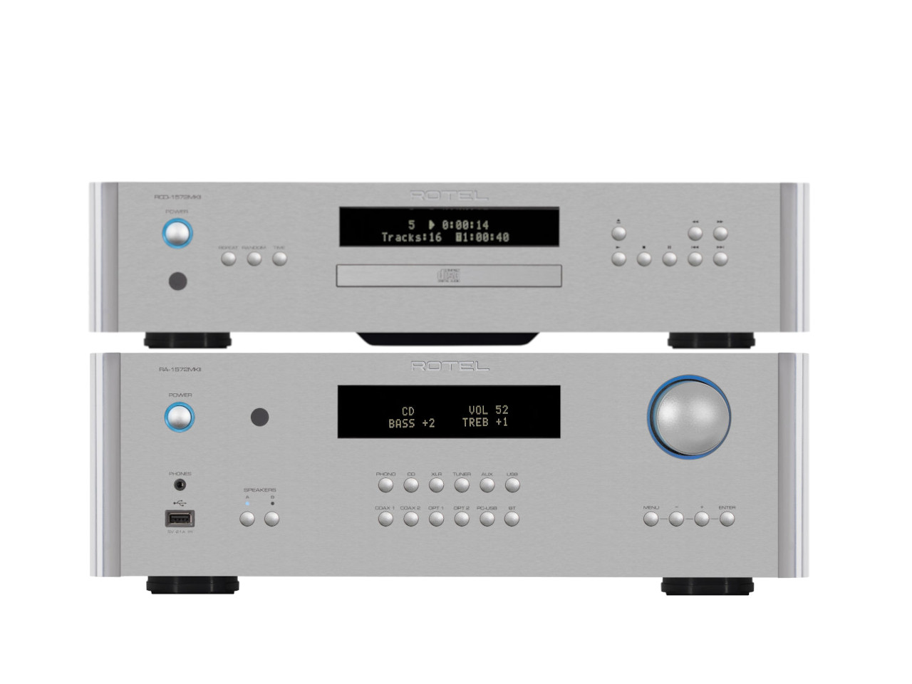 Hifi-Verstärker, CD-Player, Röhrenloser Lautstärkeregler, Silbernes Metallgehäuse, Bedienfeld mit Display