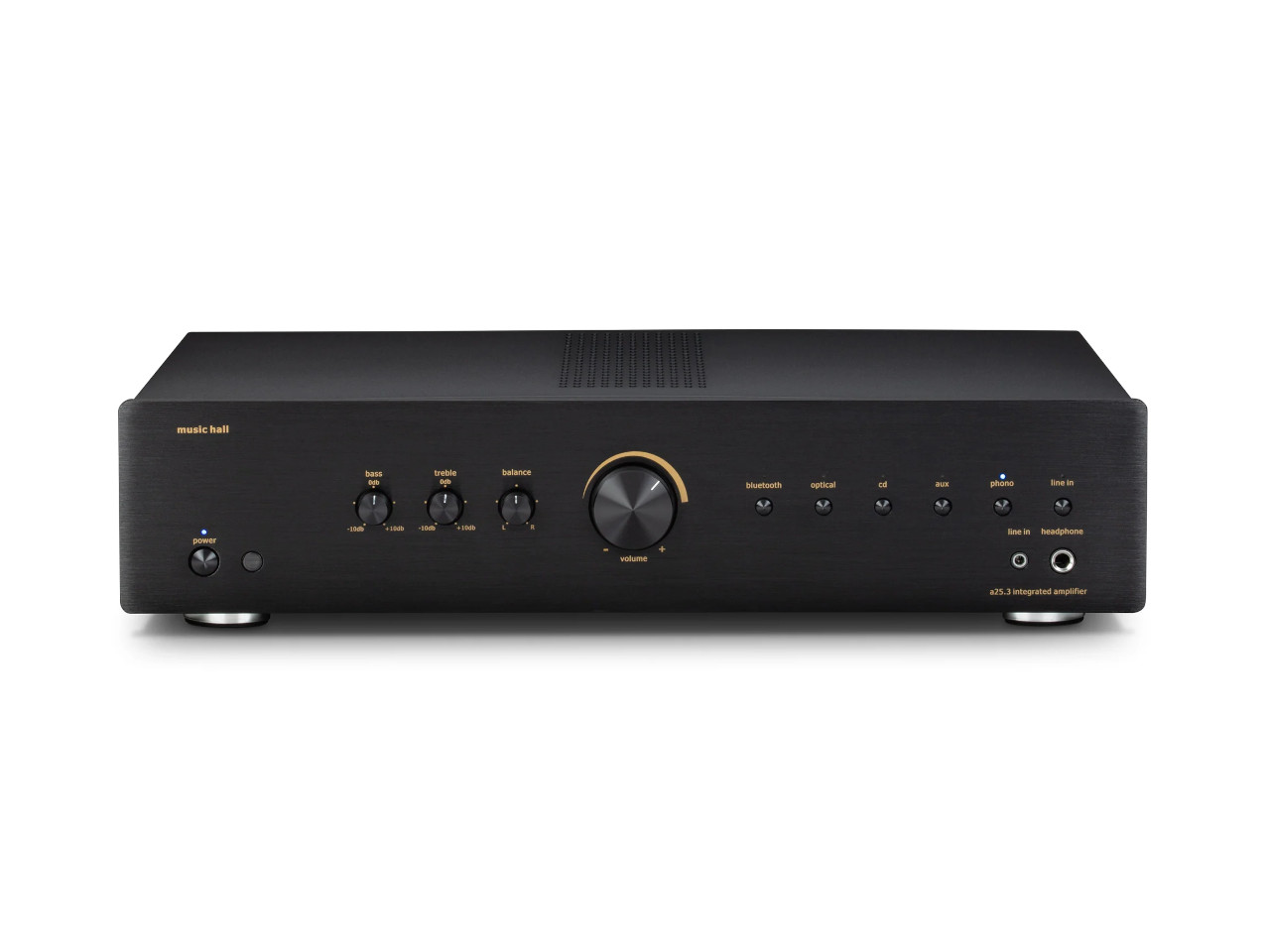 stereo amplifier, power amplifier, black metal, knob controls, front panel