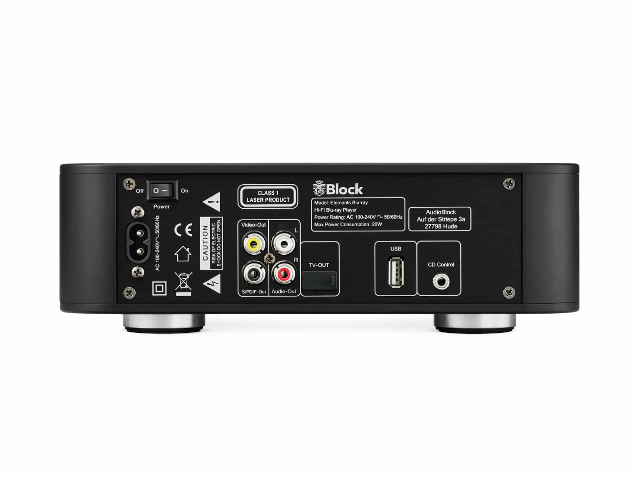 Blu-ray-Player, Rückseite, Audio-Ausgänge, USB-Port, HDMI nicht sichtbar