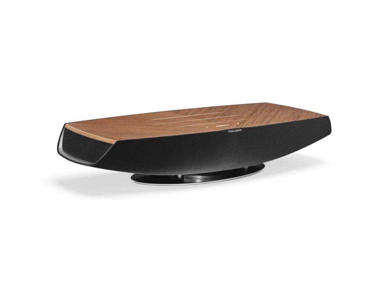 Soundbar, Holzoberfläche, schwarz Stoff, leicht gebogen, Standfuß