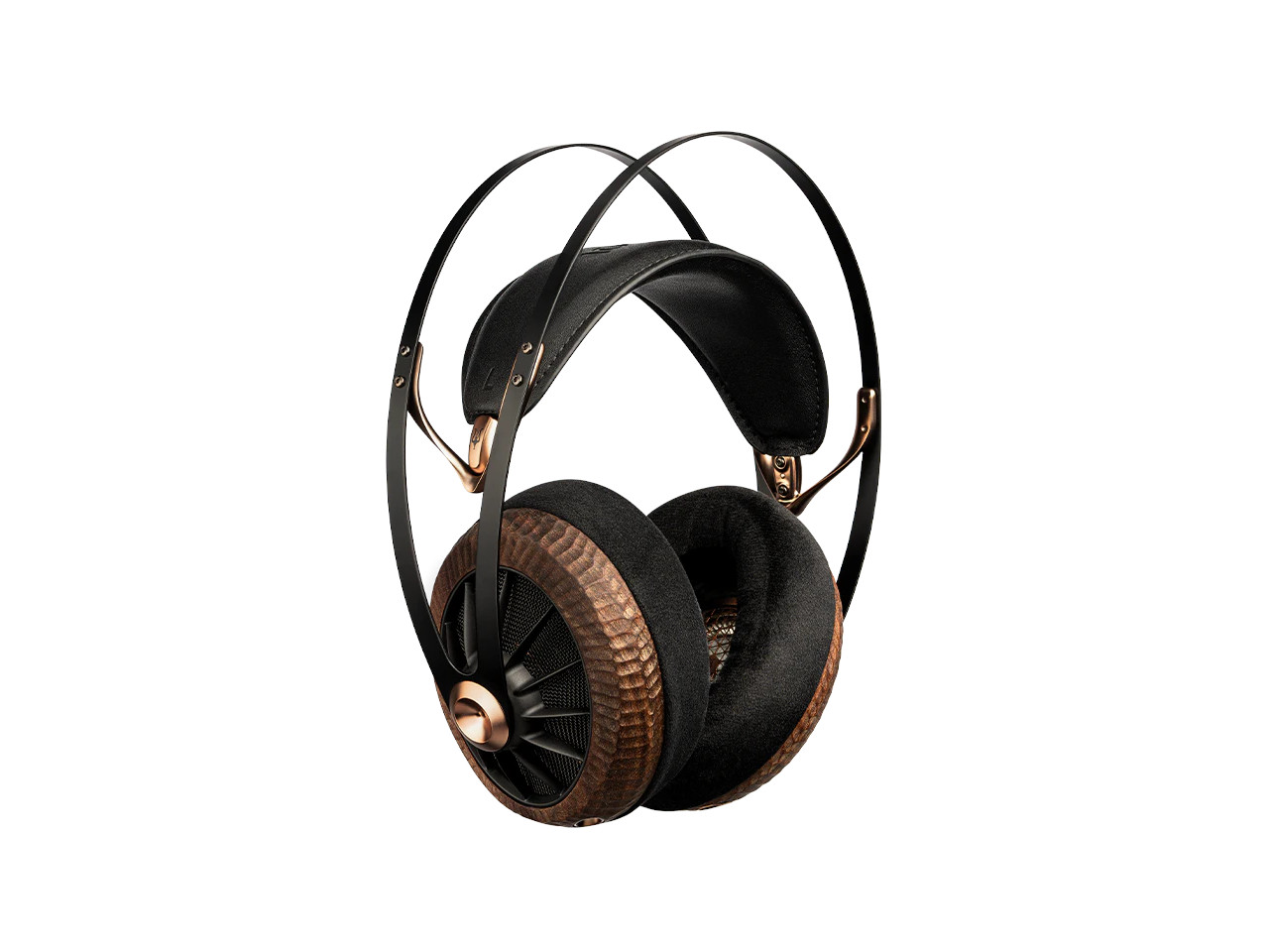kopfhörer, over-ear, schwarz, braunes leder, metallische akzente